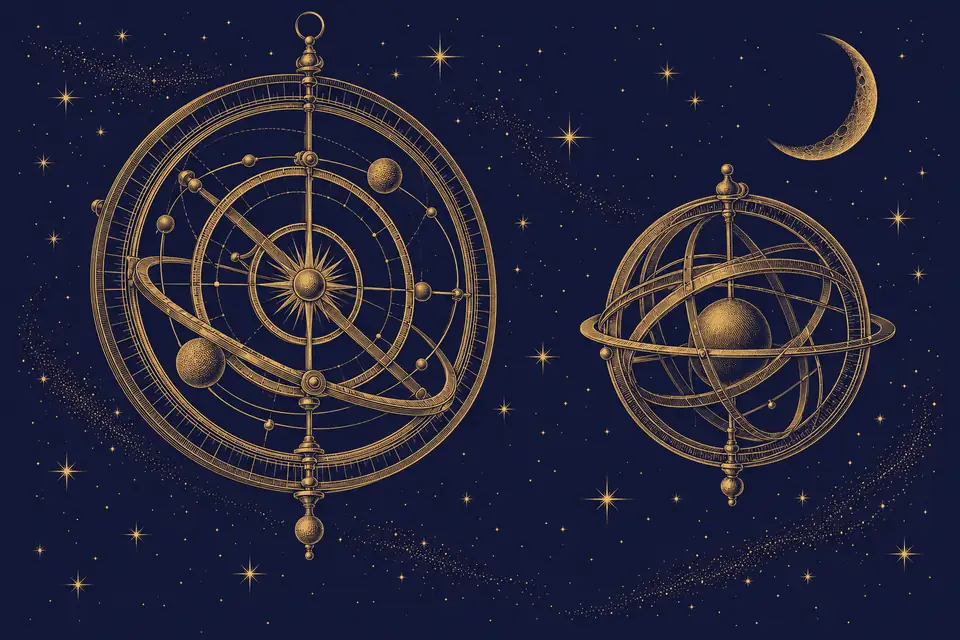 星の散る夜空に浮かぶアストロラーベと天球儀、右上の三日月を金の細線で描いた挿絵