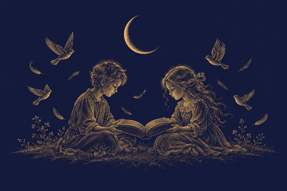 深い藍の夜空に三日月が浮かび、その下で向かい合って座り一冊の本を開く双子の子どもと、周りを舞う小鳥と羽根を、金色の細い線で銅版画風に描いた挿絵