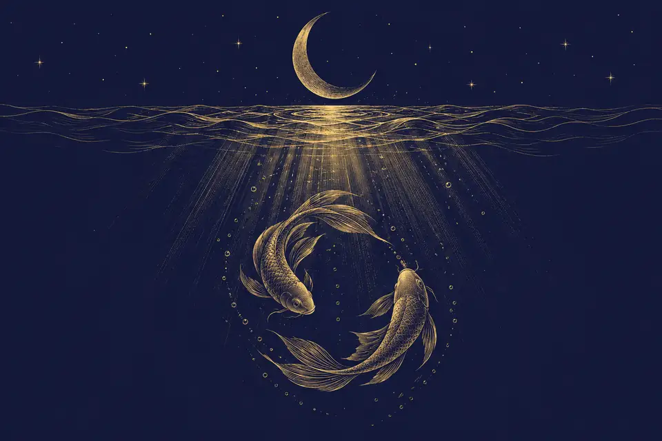 深い藍の夜空と三日月の下、波紋の広がる水面の下で円を描いて泳ぐ二匹の魚と、深い海へ差し込む月光を金の細線で描いた銅版画風の挿絵