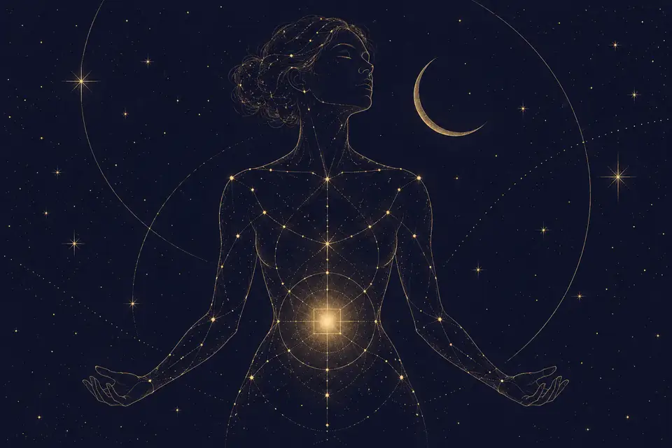 お腹のあたりに四角い光が灯る、星座の線で描かれた人の姿の挿絵