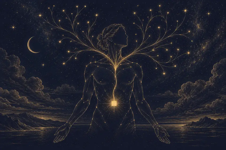 お腹の四角い光から喉へ光の線が上り、肩の上でいくつもの星へ枝分かれしていく、星座の線で描かれた人の姿の挿絵