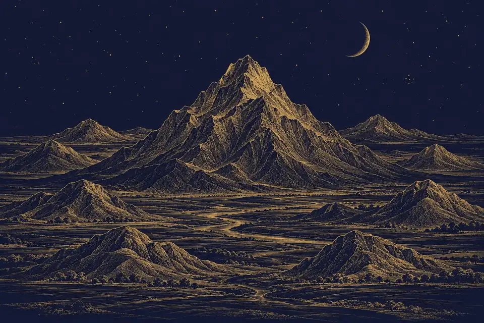 広い平原の中央にそびえる大きな山と、それを囲む小さな丘を金色の細い線で描いた夜空の挿絵。五黄土星の「中心」を表す