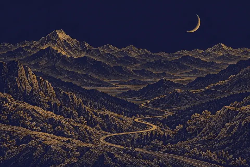 幾重にも重なる山並みと、その間を通る一本の道を金色の細い線で描いた挿絵。八白土星の象意「山」と「変わり目」を表しています。