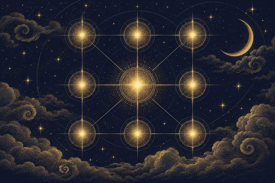 夜空に3列3行で並ぶ9つの光る星の球。中央の球がいちばん明るく、細い金の線で結ばれている