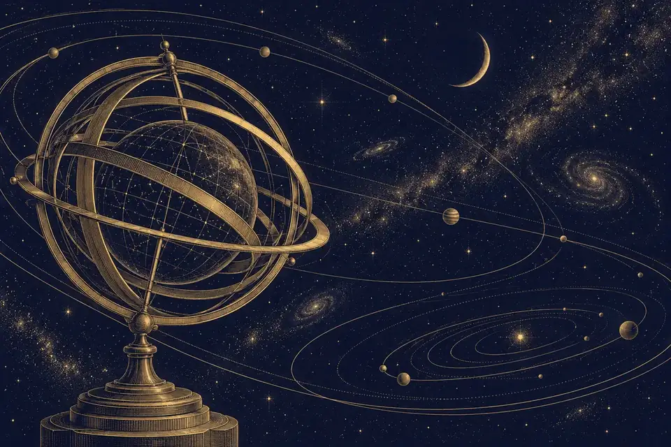 天球儀と満天の星空、天の円環を金色の細い線で描いた夜空の挿絵。六白金星の「天」を表す