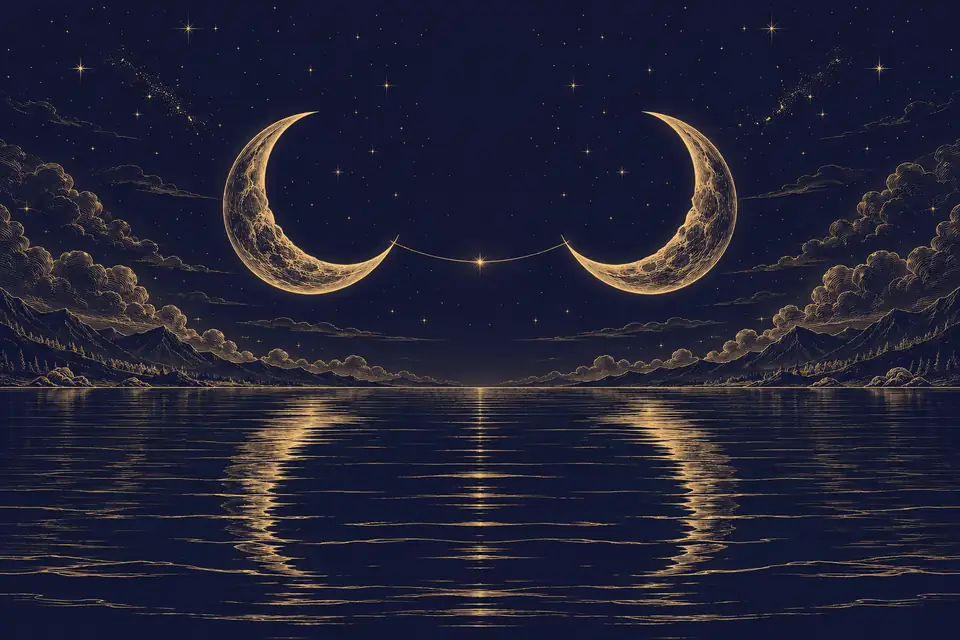 夜空に向かい合う二つの三日月を細い光の糸がやさしく結び、その下の静かな水面に月の影が映る様子を、金色の細い線で描いた挿絵