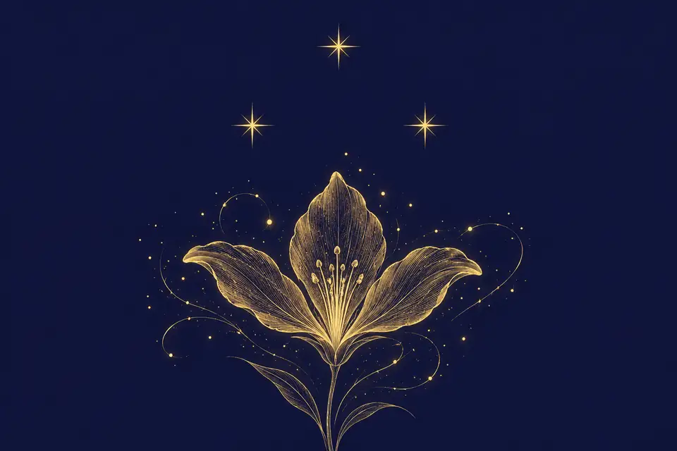 夜空に正三角形を描くように並ぶ三つの星と、その下で三枚の花弁をひらく花、花のまわりを舞う小さな光の粒を、金色の細い線で描いた挿絵