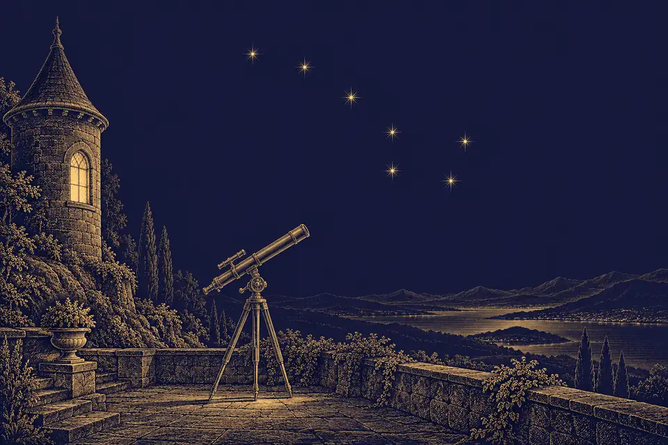ひしゃく形に連なる七つの星と、その星を見上げる古い望遠鏡、灯りのともる静かな塔の窓を金色の細い線で描いた挿絵