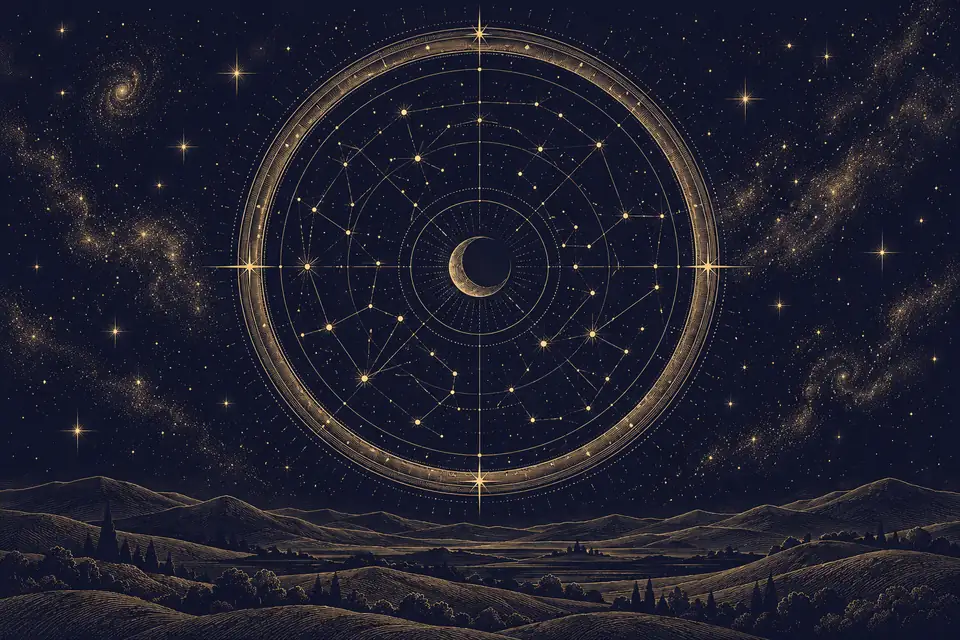 夜空に浮かぶ大きな円環の内側に、点と細い線で結ばれた星図と同心円、小さな三日月を金色の細い線で描いた挿絵