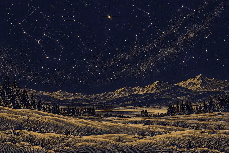 雪をかぶった静かな野原と遠くの山、北の空に光る星を金の細線で描いた夜の挿絵