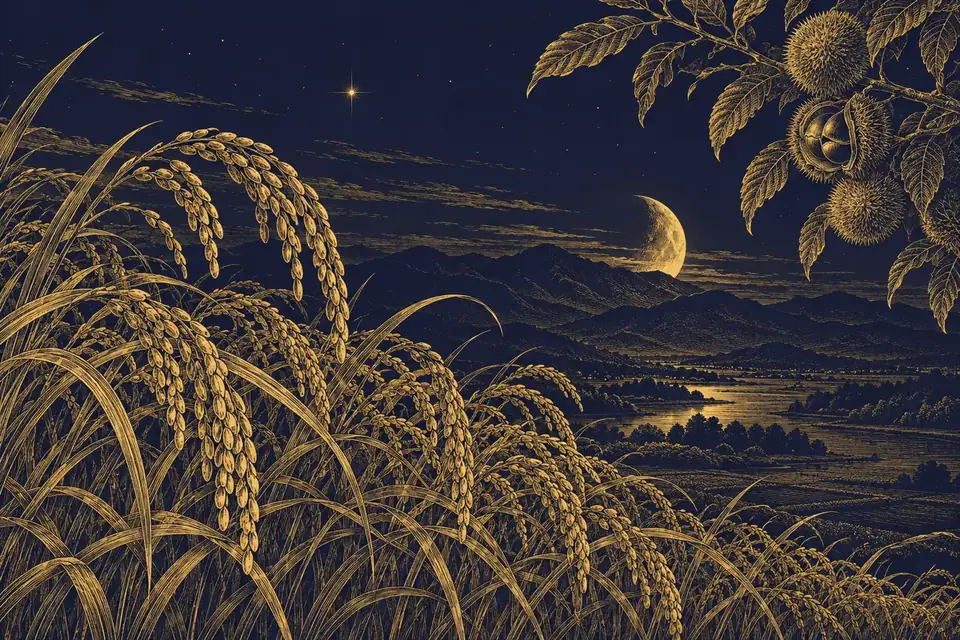 実った稲穂と木の実の枝、西の空に沈みかける月と宵の明星を金の細線で描いた秋の夜の挿絵