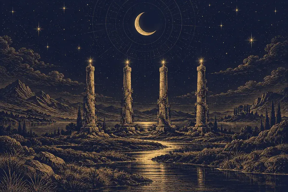 夜空の下に並ぶ4本の石柱と、その上に灯る星、天頂の三日月を金の細線で描いた挿絵