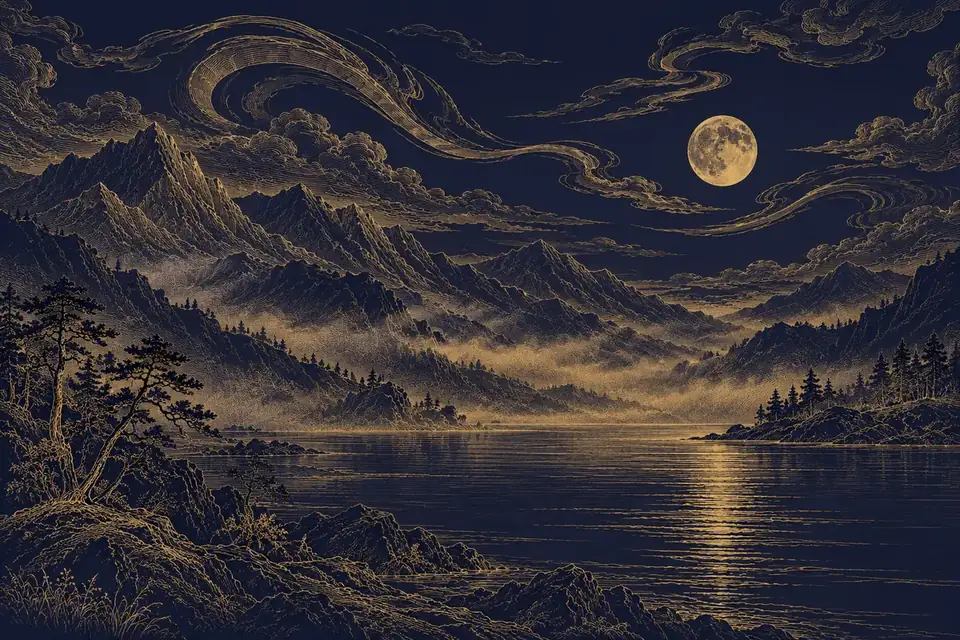 霞と雲がたなびく山あいに水面へ映る月を、流れるような金の曲線で描いた夜の挿絵