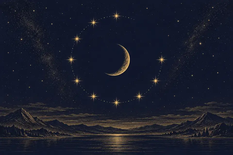 円環状に並ぶ12の星のうち、隣り合う2つだけが光を失っている夜空を金の細線で描いた挿絵