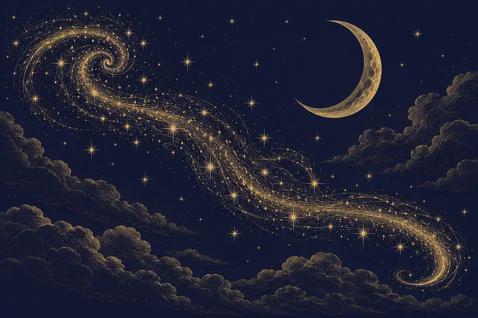 渦を巻きながら夜空を長く流れる星の尾と、雲の上の三日月を、銅版画のような金の細線で描いた挿絵