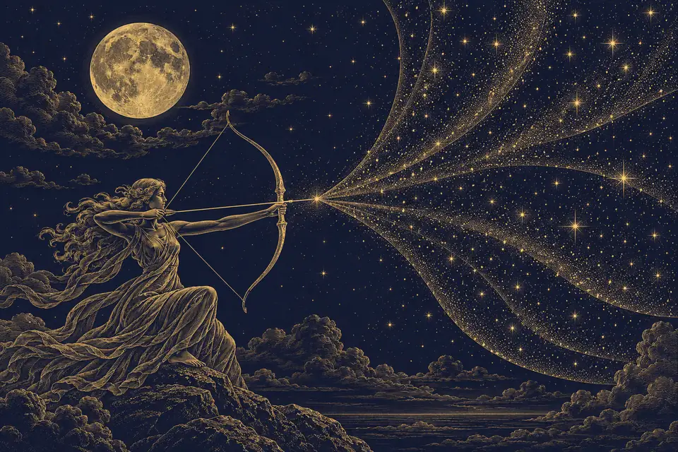 満月の夜に弓を引く人と、そこから扇のように広がる星の幕を、銅版画のような金の細線で描いた挿絵
