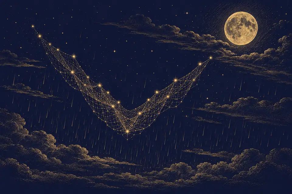 星を結んだ網が夜空に広がり、雲の間から静かな雨が降る満月の夜を金の細線で描いた挿絵