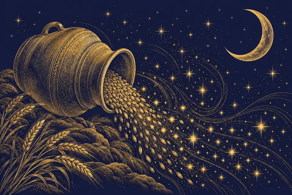 倒れた壺からあふれる穀物の粒が星になって流れ出す三日月の夜を金の細線で描いた挿絵