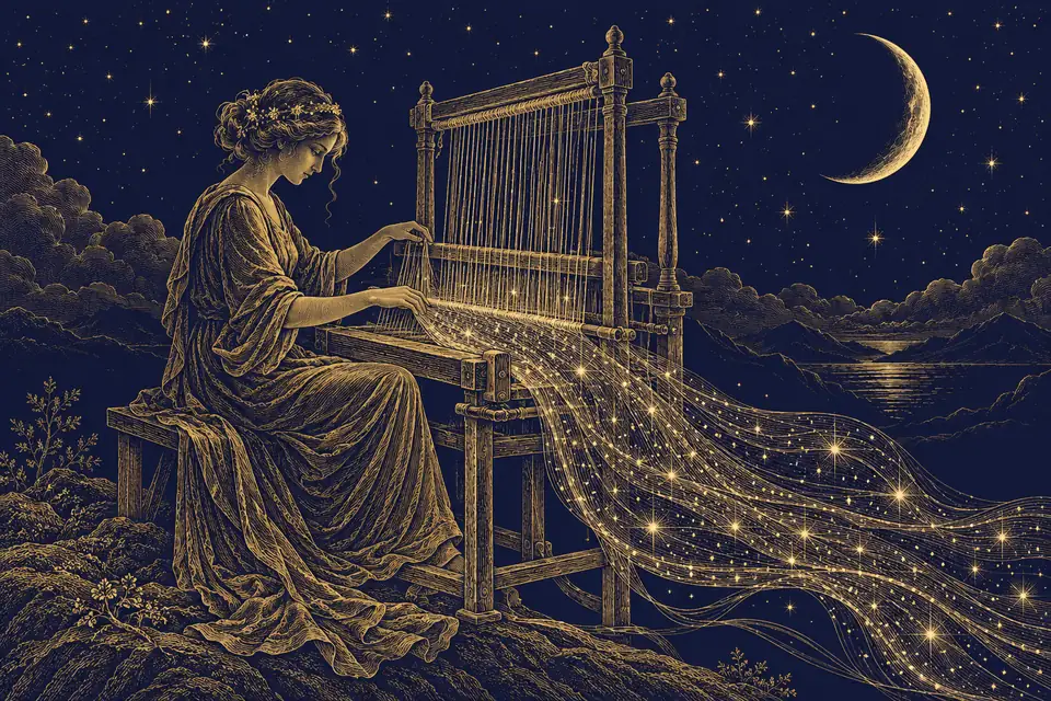 三日月の夜に、星の光の糸で機（はた）を織る人の姿を、銅版画のような金の細線で描いた挿絵