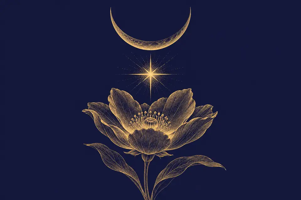 三日月の下でひとつの星に照らされて開く大輪の花を、銅版画のような金の細線で描いた挿絵
