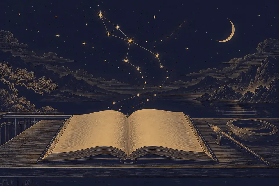 夜の机に開いた古い書物から星が立ちのぼり、星座の線を描く。そばに筆と硯、空に細い三日月を描いた銅版画風の挿絵