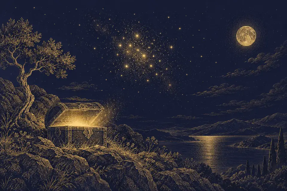光の粒があふれる開いた宝箱と、夜空に霞むように集まる星々を、銅版画のような金の細線で描いた挿絵
