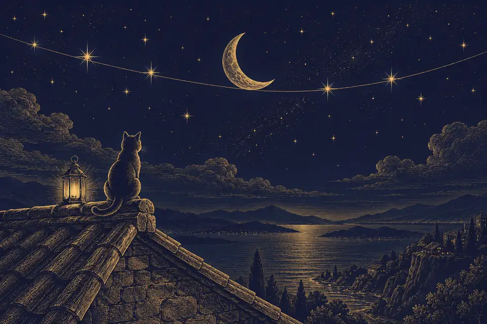 灯りのともる屋根の上で星をつないだ線と三日月を見上げる猫を、銅版画のような金の細線で描いた挿絵