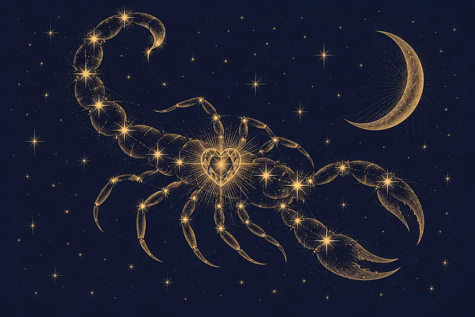 星をつないだ蠍の形の中心で光る宝石のような星と三日月を、銅版画のような金の細線で描いた挿絵