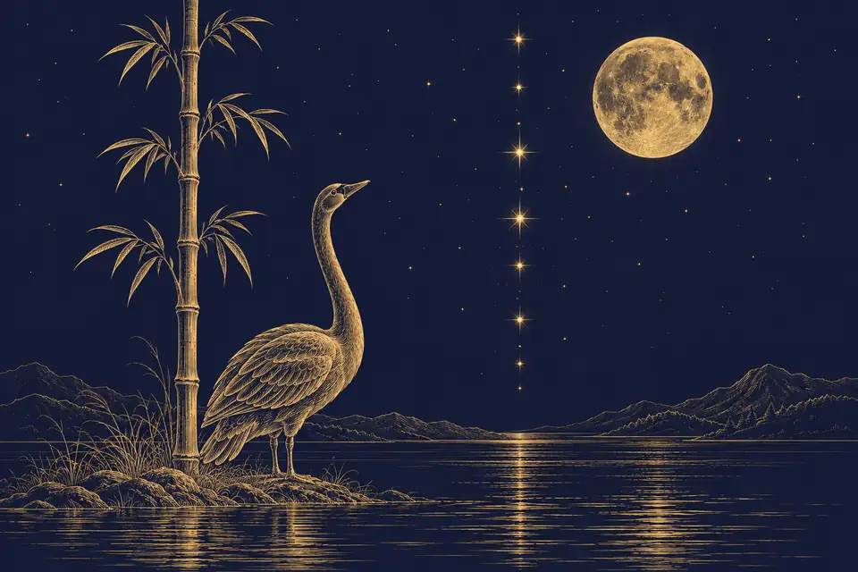 まっすぐ伸びる竹と首を高く上げた水鳥、縦に並ぶ星と満月を、銅版画のような金の細線で描いた挿絵