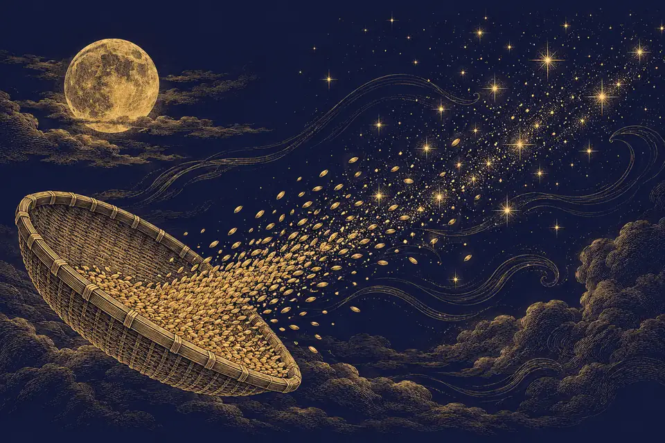 編まれた箕（み）から舞い上がる穀物の粒が星に変わっていく満月の夜を金の細線で描いた挿絵