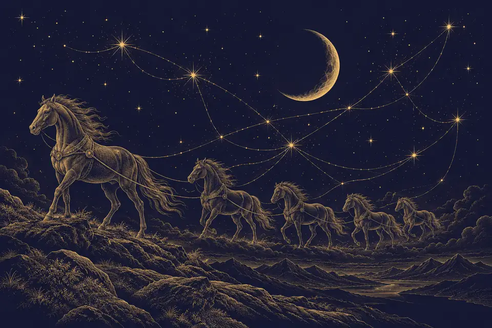 星をつなぐ細い綱に導かれて列をなして進む馬たちと三日月を、銅版画のような金の細線で描いた挿絵