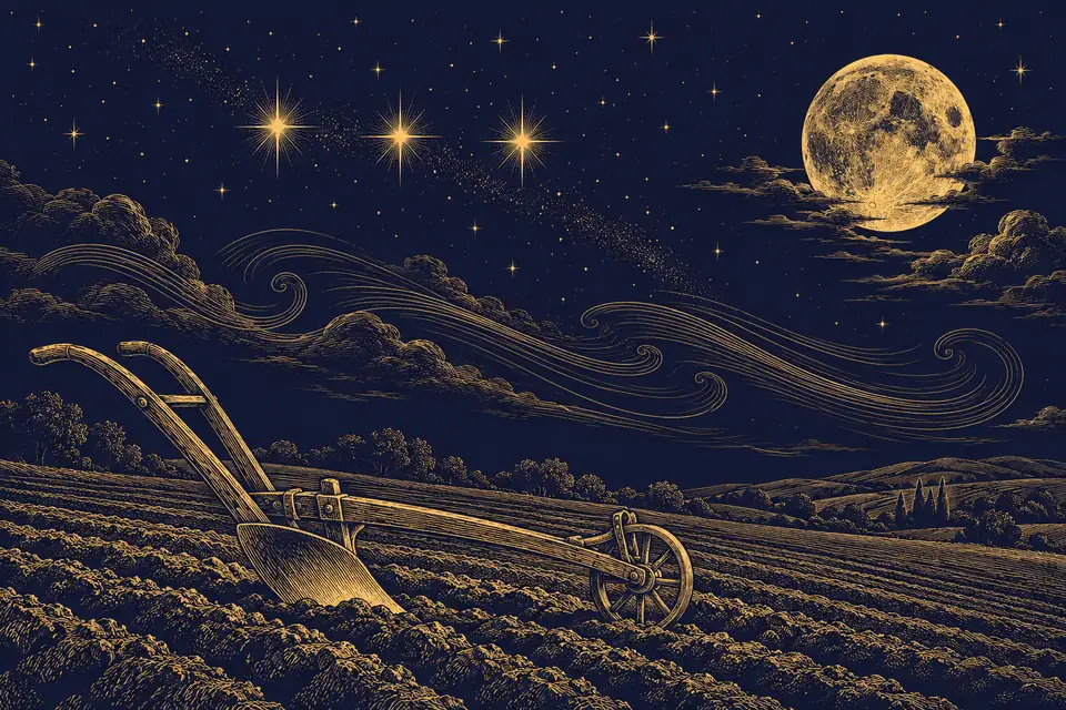 一列に並ぶ三つの星と満月、風の流れの下で畑を耕す犂（すき）を金の細線で描いた挿絵