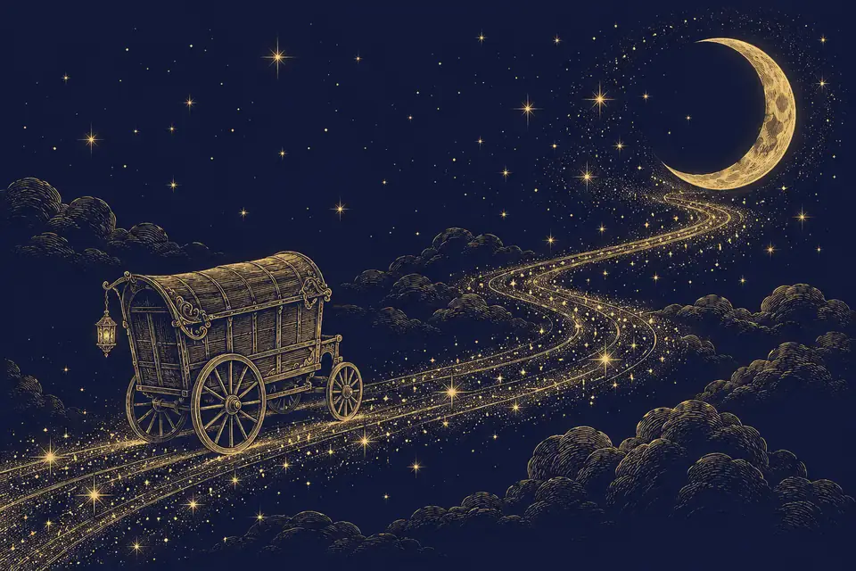 星の道を三日月へ向かって進む、灯りを提げた幌付きの車を、銅版画のような金の細線で描いた挿絵