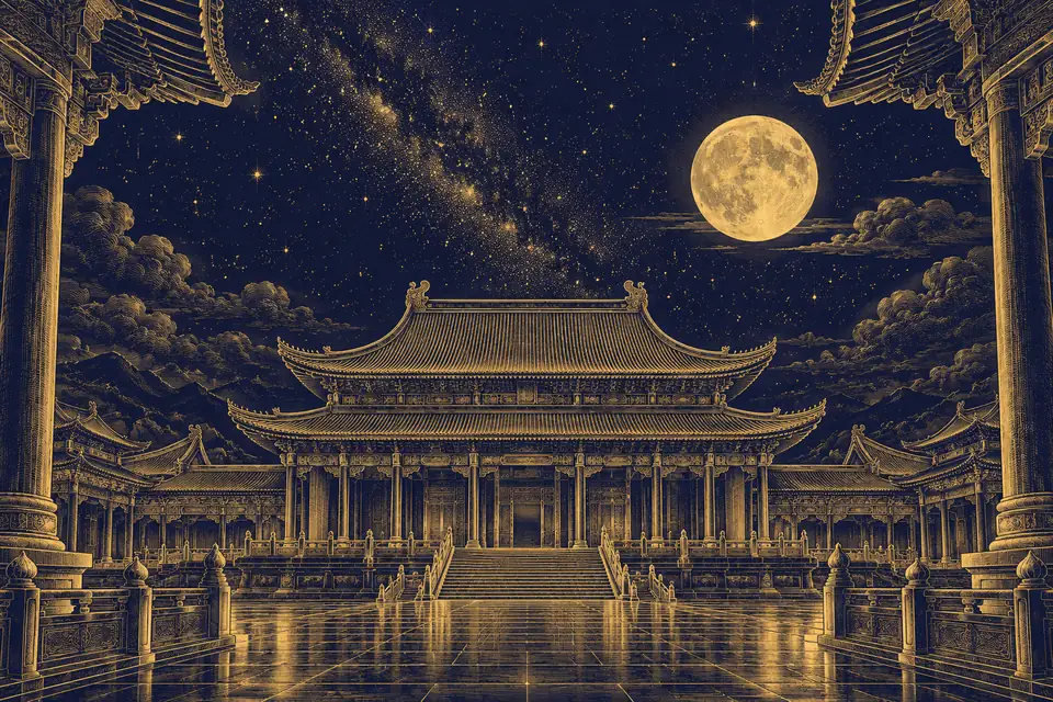 満月と天の川の下に、太い柱で堂々と建つ大きな宮殿を、銅版画のような金の細線で描いた挿絵