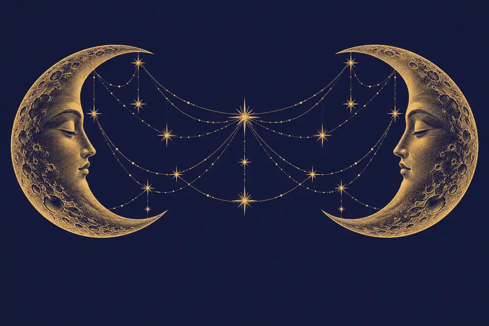 向かい合う二つの三日月が、星をつないだ細い糸で結ばれている夜空を金の細線で描いた挿絵