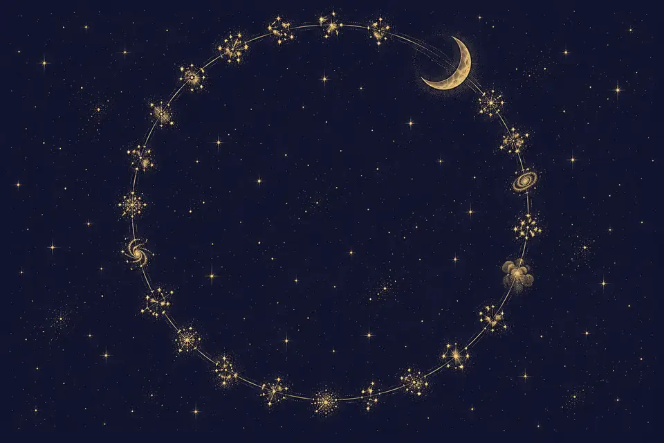 夜空に大きな円環を描いて並ぶ星の集まりと、その輪に沿って進む三日月を金の細線で描いた挿絵