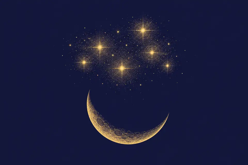 寄り添って光るいくつもの星の集まりと、その下に浮かぶ三日月を金の細線で描いた挿絵
