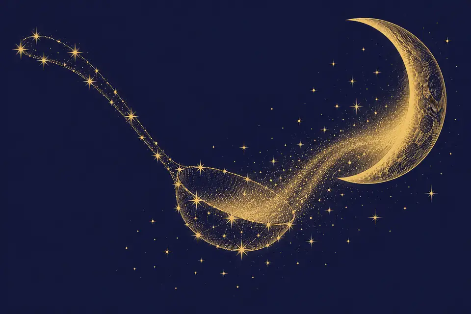 星をつないだ大きな柄杓が三日月から光をすくい取る様子を、銅版画のような金の細線で描いた挿絵